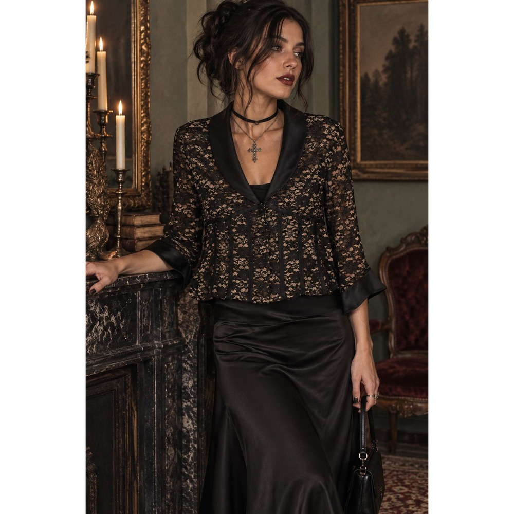 Black Lace Jacket Size 14 Victorian Goth Corset Satin Y2K Dark Romantic